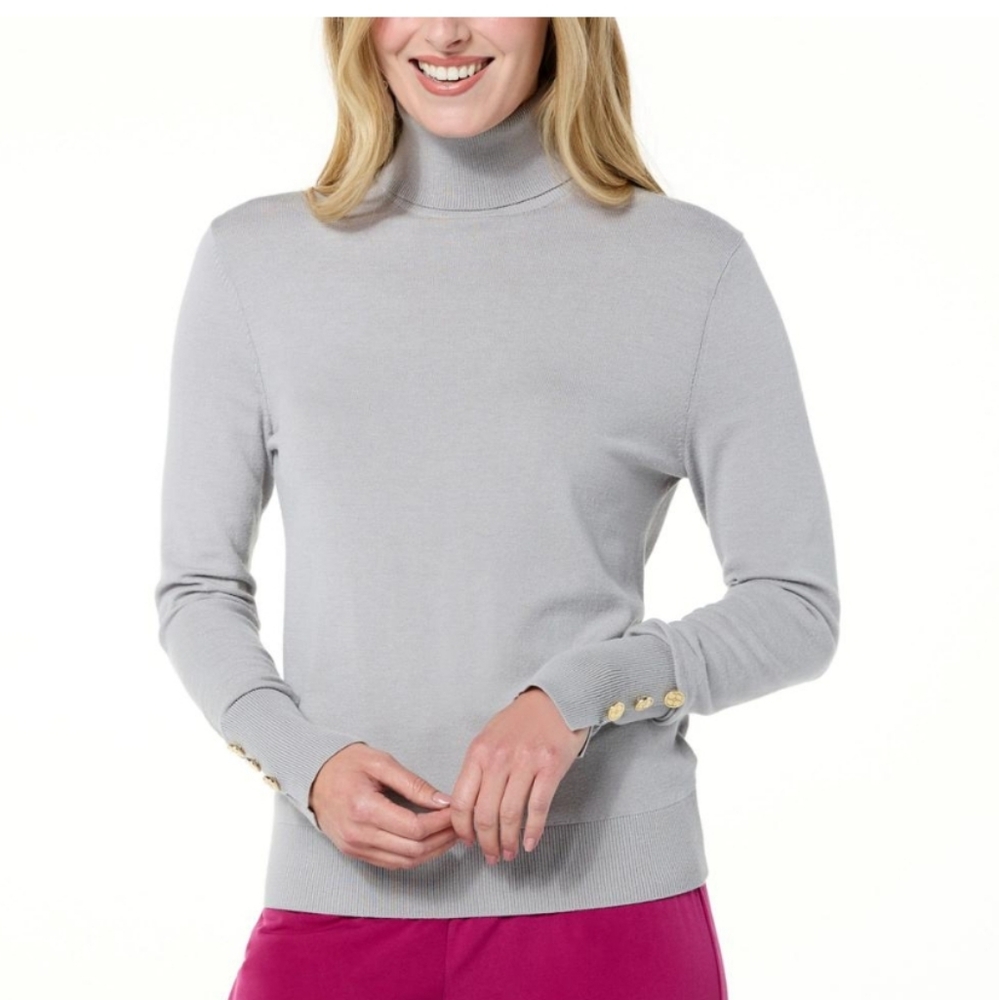 IMAN Global Chic Full Fashion Turtleneck Sweater w/ Button Cuff Detail medium